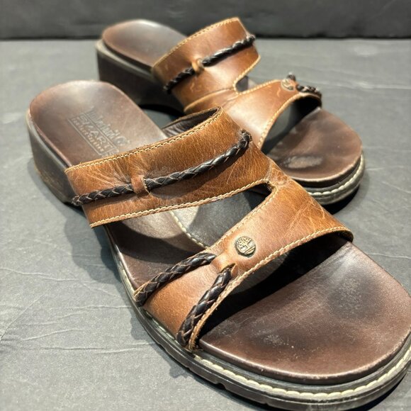 Timberland Smart Comfort Brown Leather Heeled Slide Sandals – Size 8 - Picture 1 of 8